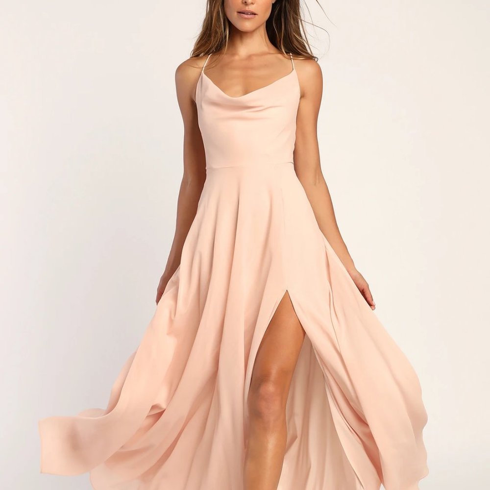 LuLu's Romantically Speaking Blush Pink Cowl Lace-Up Maxi Dress
